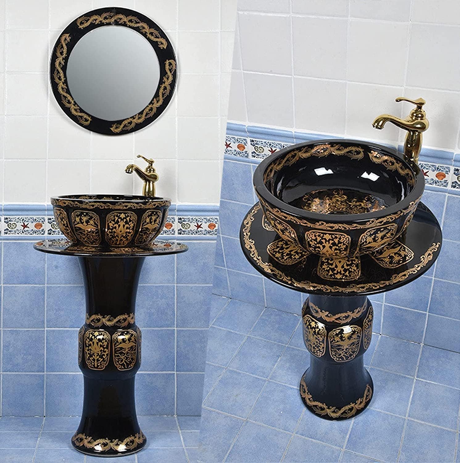 Freestanding Bathroom Pedestal Sink - Hotel Art Oval Bathroom Basin Sink, Pedestal Bathroom Sink Ceramic Basin Sink and Pedestal Lavatory Sink for Indoor and Outdoor, XRKJBZ32024320