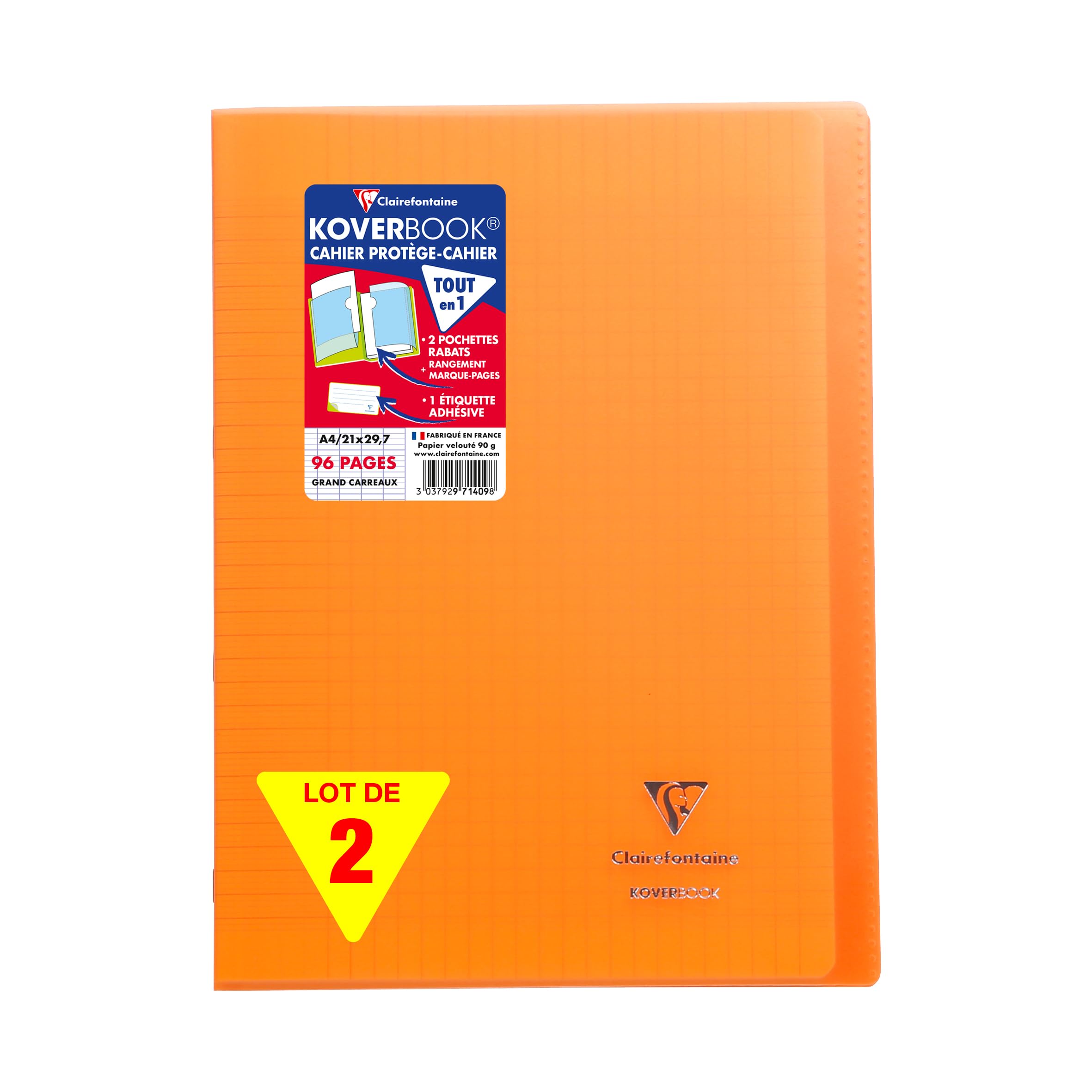 Clairefontaine 971409AMZC - Set of 2 Stapled Notebooks Koverbook Orange - Size: A4 21x29,7 cm - 96 Seyes Ruled Pages - White Paper 90 g - Polypro Cover