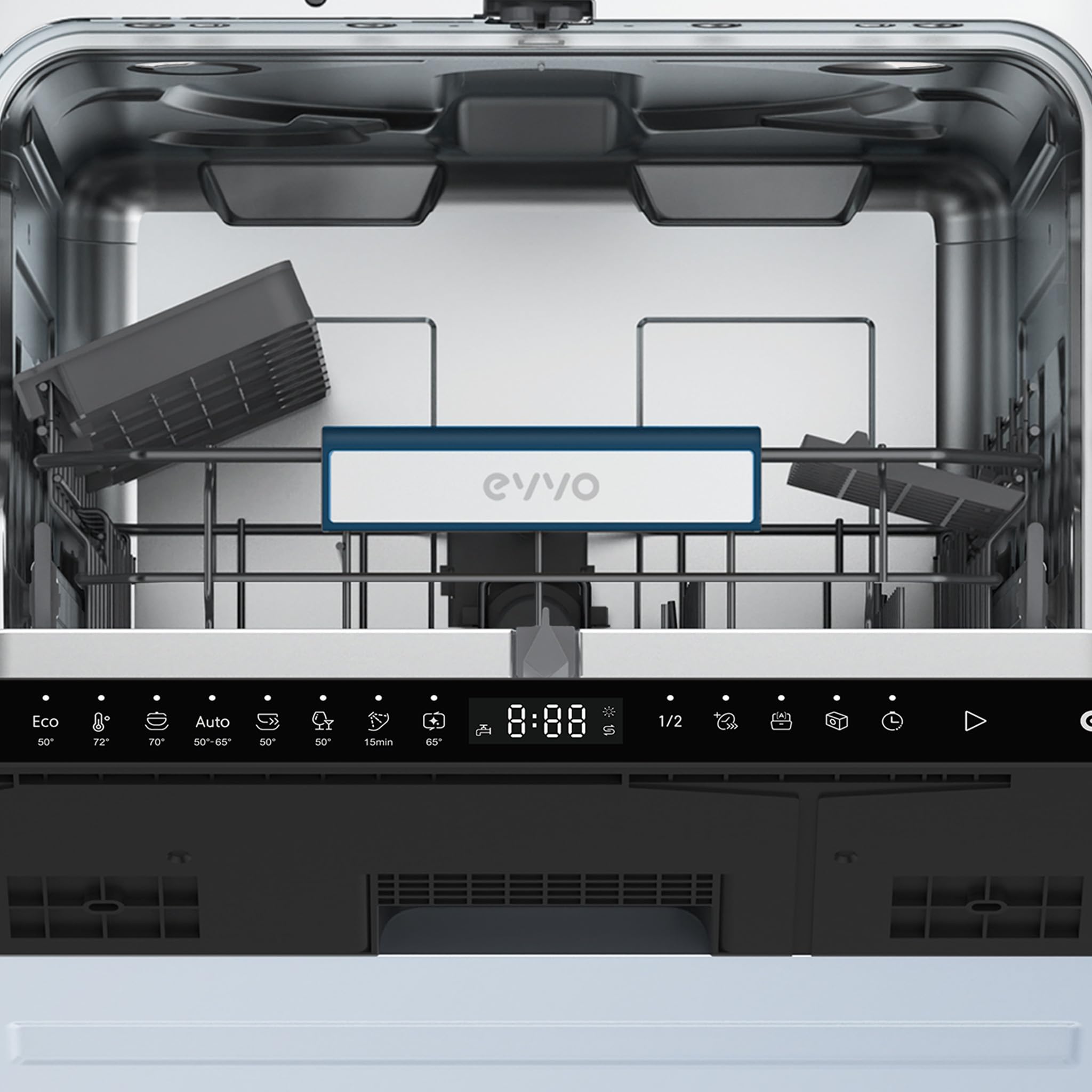 EVVO Lavavajillas Integrable Di.3 Slim 45 cm - Lavavajillas Pequeño Panelable de 10 Cubiertos, Clase D, 8 Programas con Modo Auto, Apertura Automática de Puerta y Media Carga, Lavaplatos Estrecho
