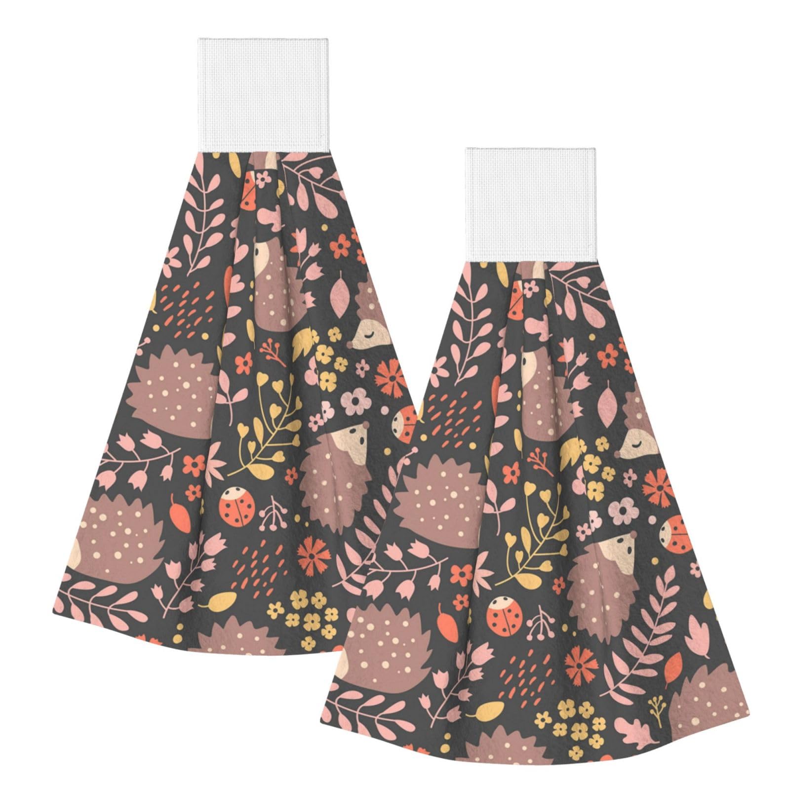 DOPKLNA Hedgehog And Flowers, 2 Pcs Hanging Coral Fiber Hand Towels for Bathroom, Absorbent Kitchen Towels