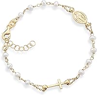 Miabella 18K Gold Plated 925 Sterling Silver Italian Pearl Rosary Cross Bracelet - Adjustable Handmade for Women