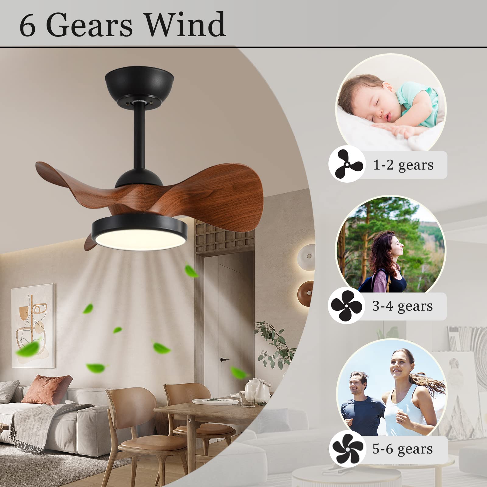 Plafoniera Con Ventilatore A LED, Dimmerabile, Motore DC Reversibile (Estate/Inverno), Telecomando, 6 Velocità, Silenzioso, 55 Cm, Nero Effetto Legno