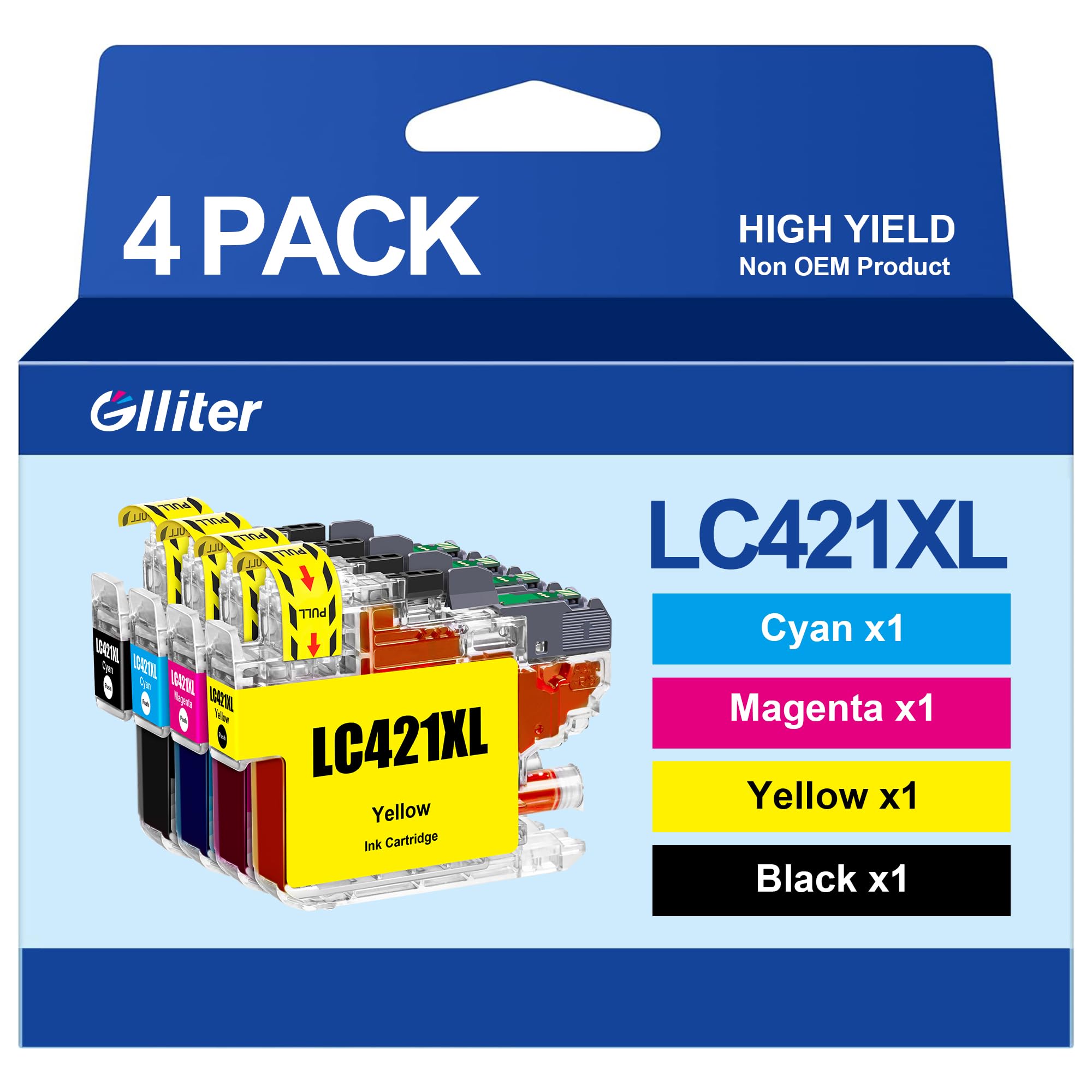 Glliter LC421XL LC-421XLVAL Tintenpatronen Value Pack für Brother LC421 LC-421XL Multipack Patronen für Brother DCP-J1050DW DCP-J1140DW MFC-J1010DW (1Schwarz, 1Magenta,1 Cyan, 1Gelb)