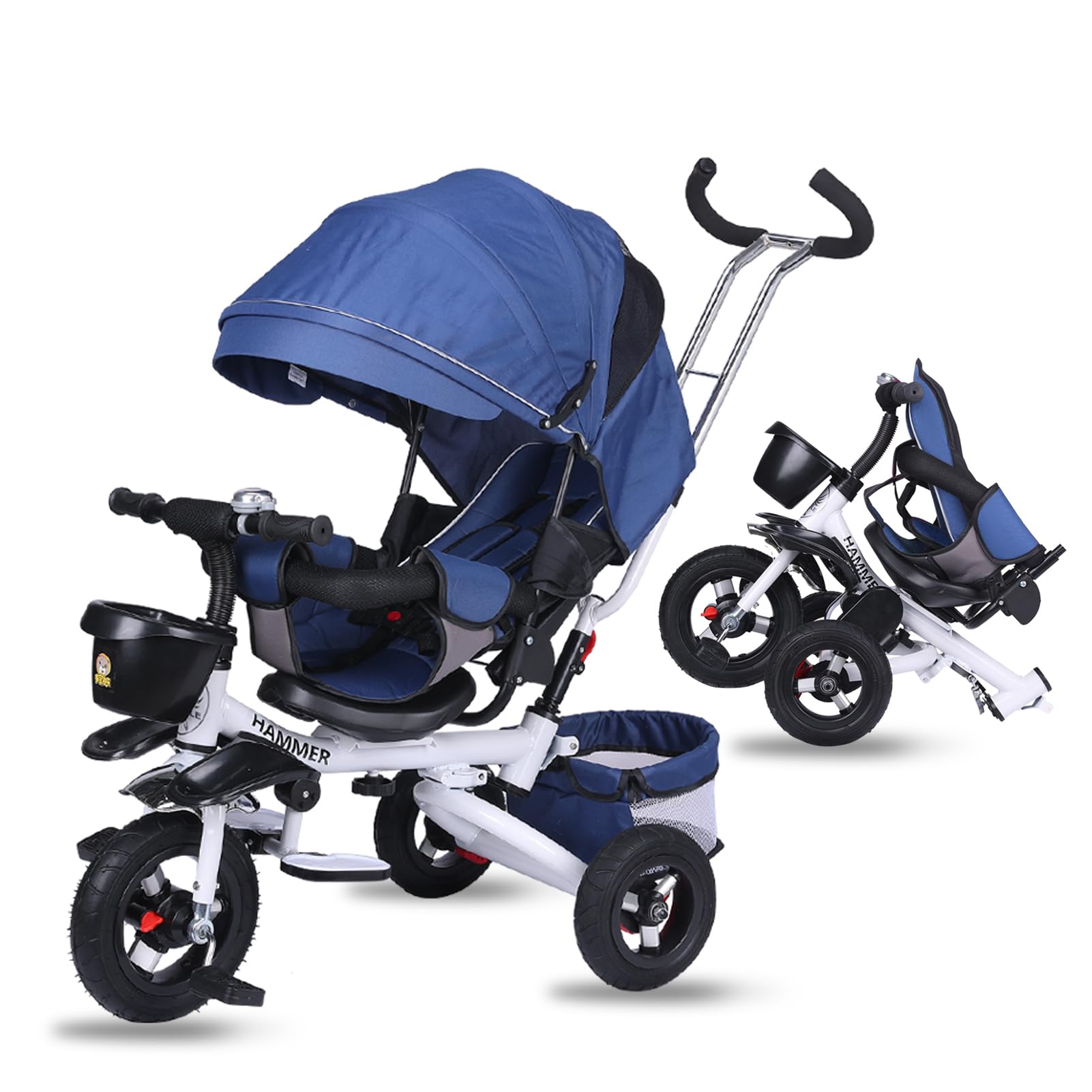 DAYONG Kids Tricycle, Multi-Functional Baby Push Trike with Trolley Bar and Sunshade, Child Stroller Toddler Tricycle with Swivel Seat, Folding 3 Wheels Bike for 6 months to 6 years (Blue)
