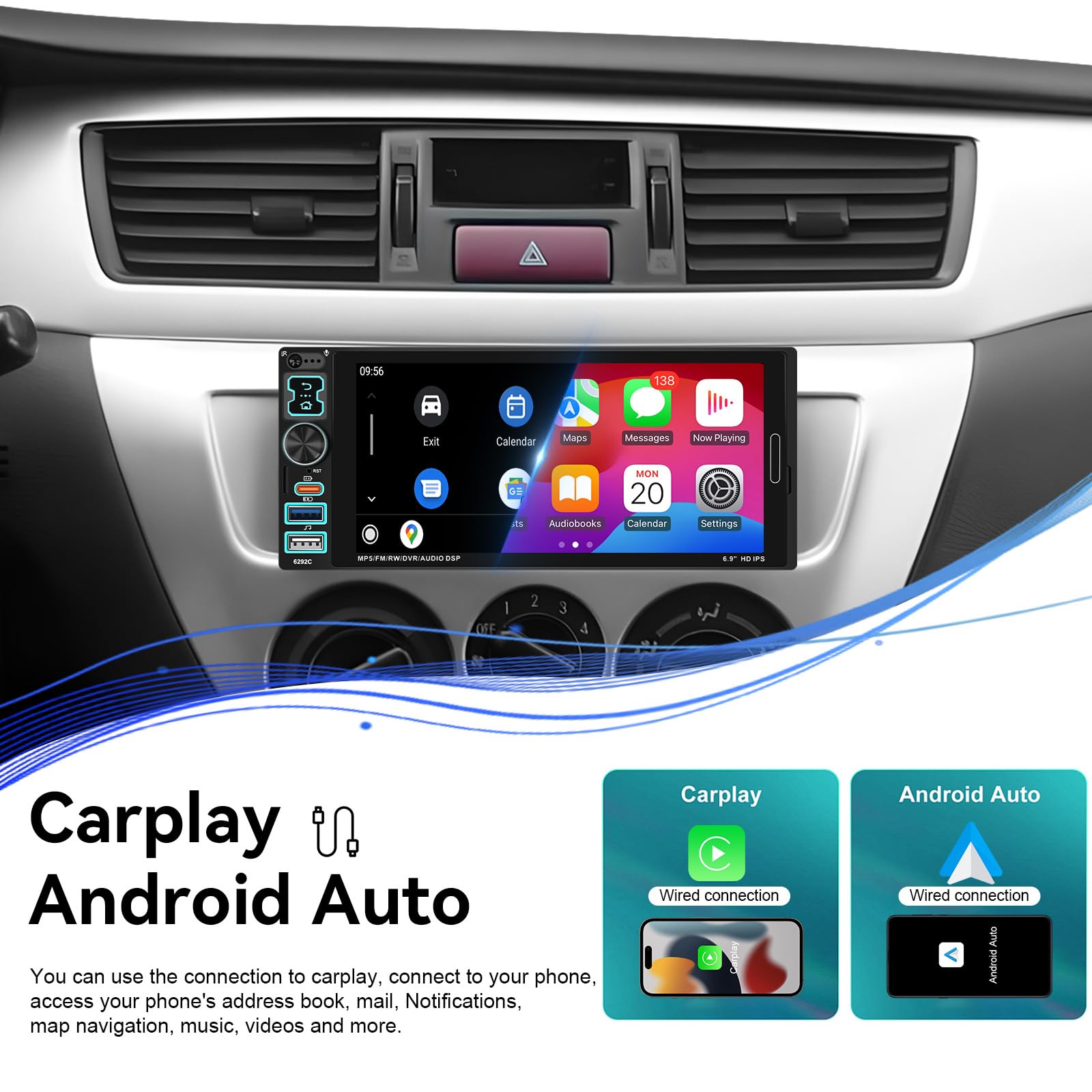 Autoradio 1 DIN Carplay Android Auto, Ecran Tactile 6.9 Pouces 1 Din Poste Radio Voiture Bluetooth Mains Libres, FM, Caméra de Recul, Microphone, USB/AUX/TF/EQ/DVR