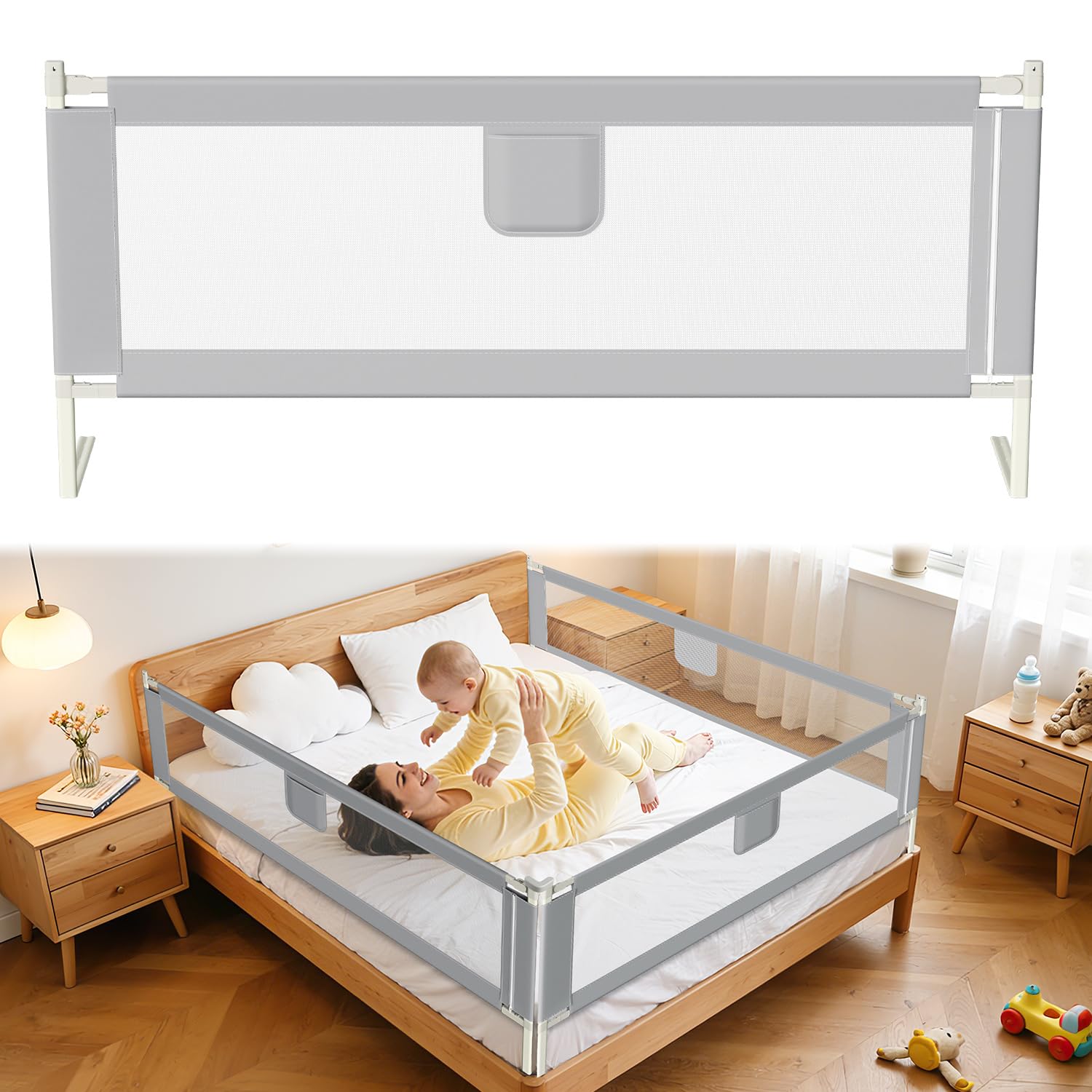 Barrera de cama de 180 x 80 cm – Altura ajustable con cierre de seguridad, barandilla resistente para cuna y cama de padres, un lado, gris