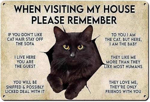 When Visiting My House Please Remember - Decoración de pared vintage Letreros de metal de gato Póster de pared de metal de estaño original Cartel