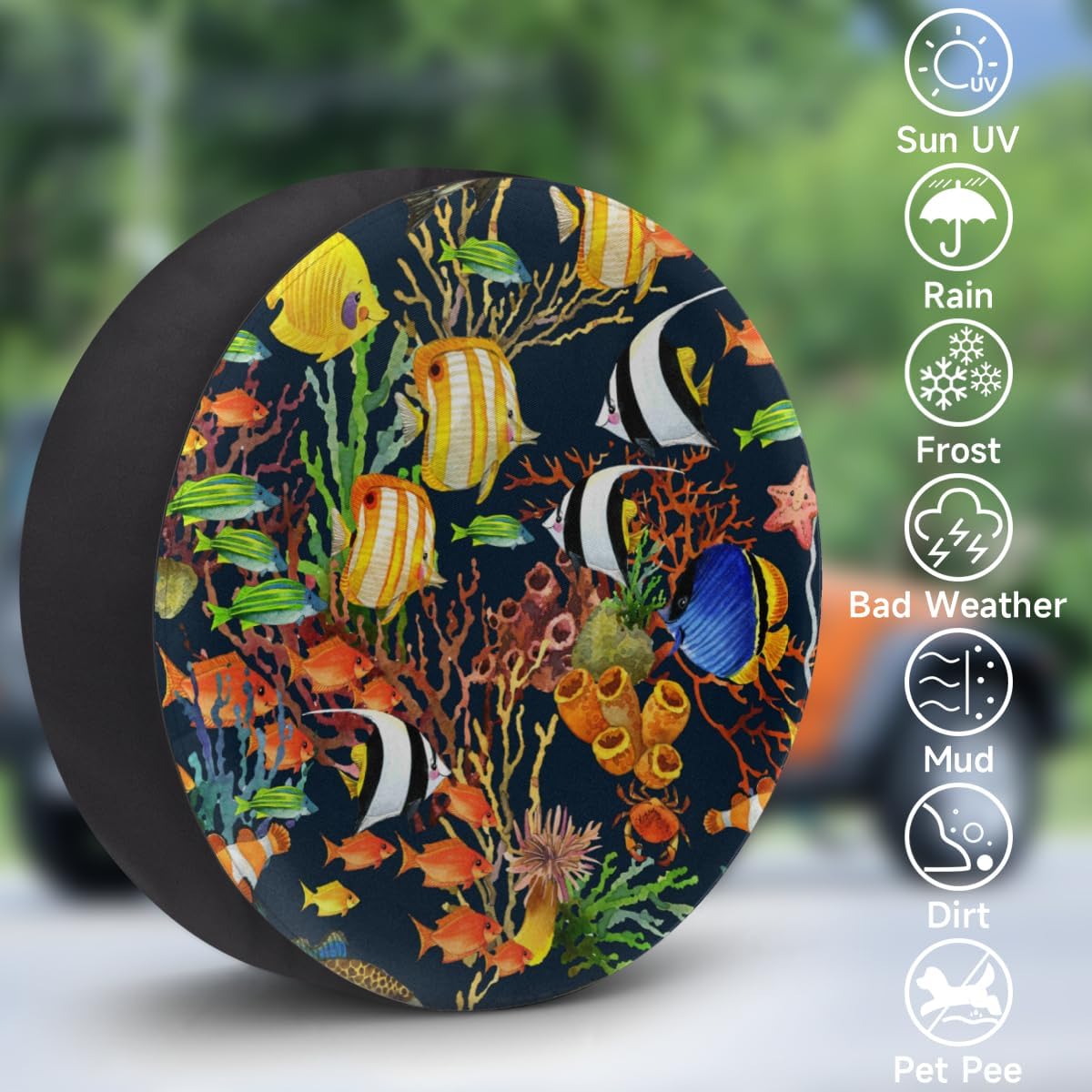 Tropical Marine Fish Tire Covers Portable Spare Tire Cover Soft Durable Waterproof Dustproof 3 Sizes 14 15 16 Inches for Car Truck SUV Trailer Camper