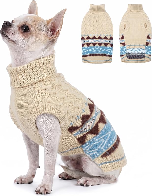 Suéter de tricô para cães pequenos MIGOHI com gola alta, bege, XS