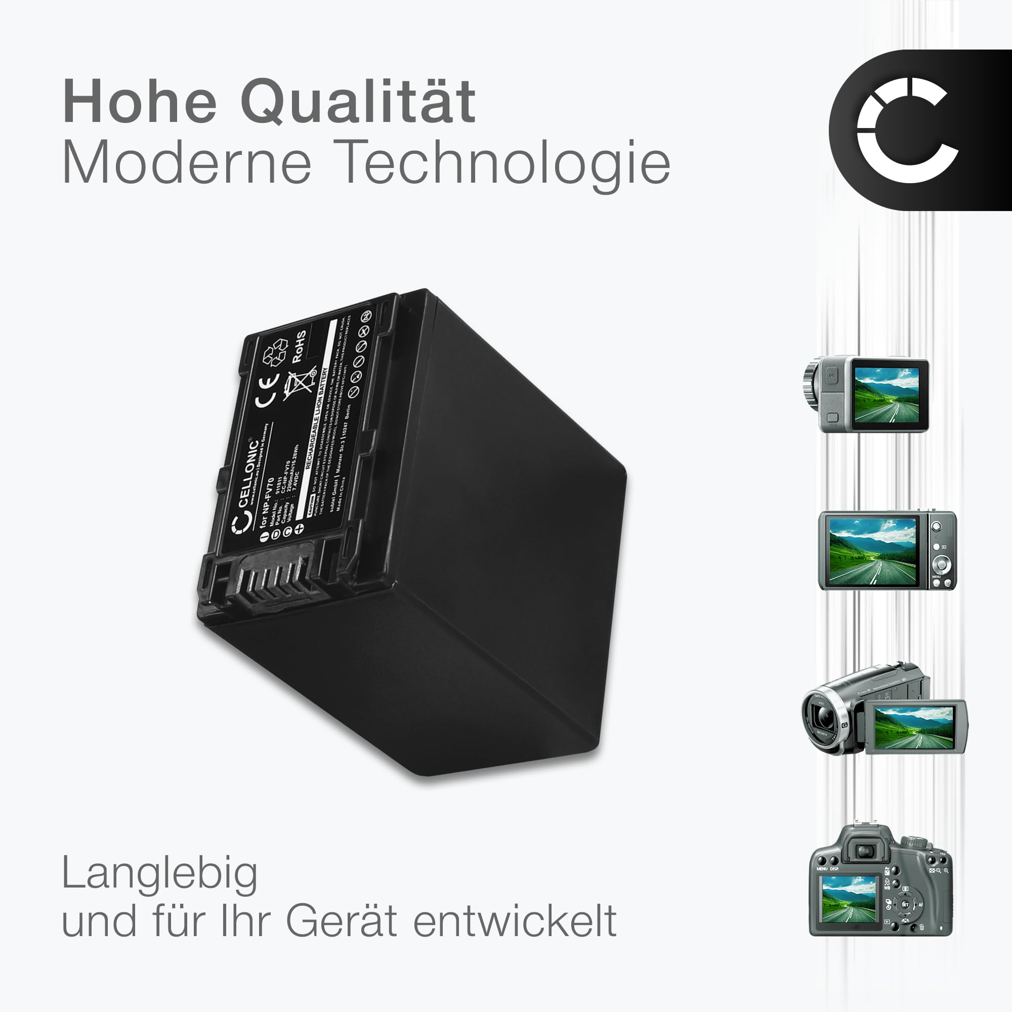 CELLONIC 1x Akku für Kamera Kompatibel mit Sony FDR-AX33, HDR-CX250, HDR-CX270, NP-FV70 - (2200mAh, 7.4V)