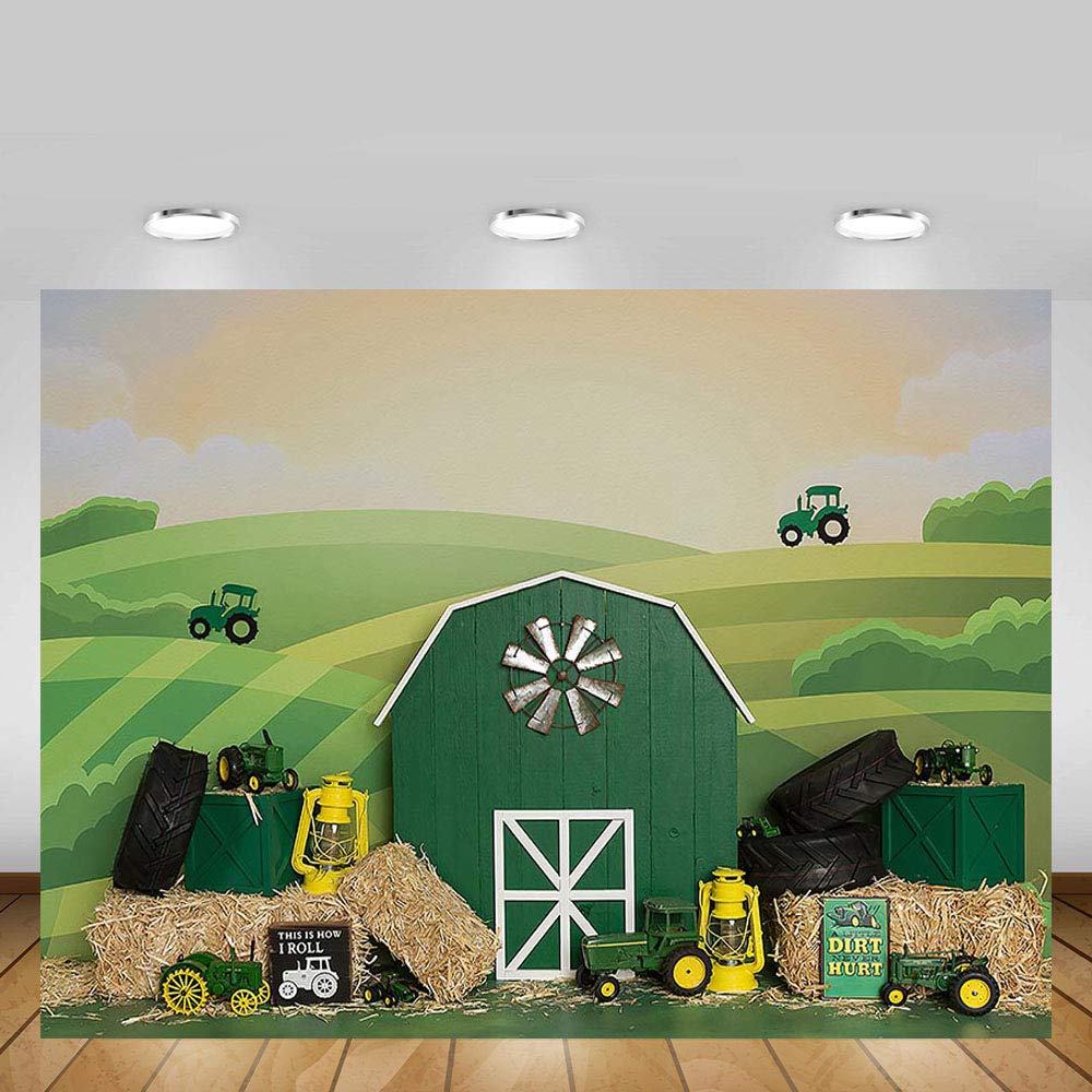 MEHOFOND Tractor Birthday Party Backdrop Props Boy Girl Happy 1st Birthday Green Farm Portrait Photography Background Photo Banner for Cake Table Supplies 7x5ft