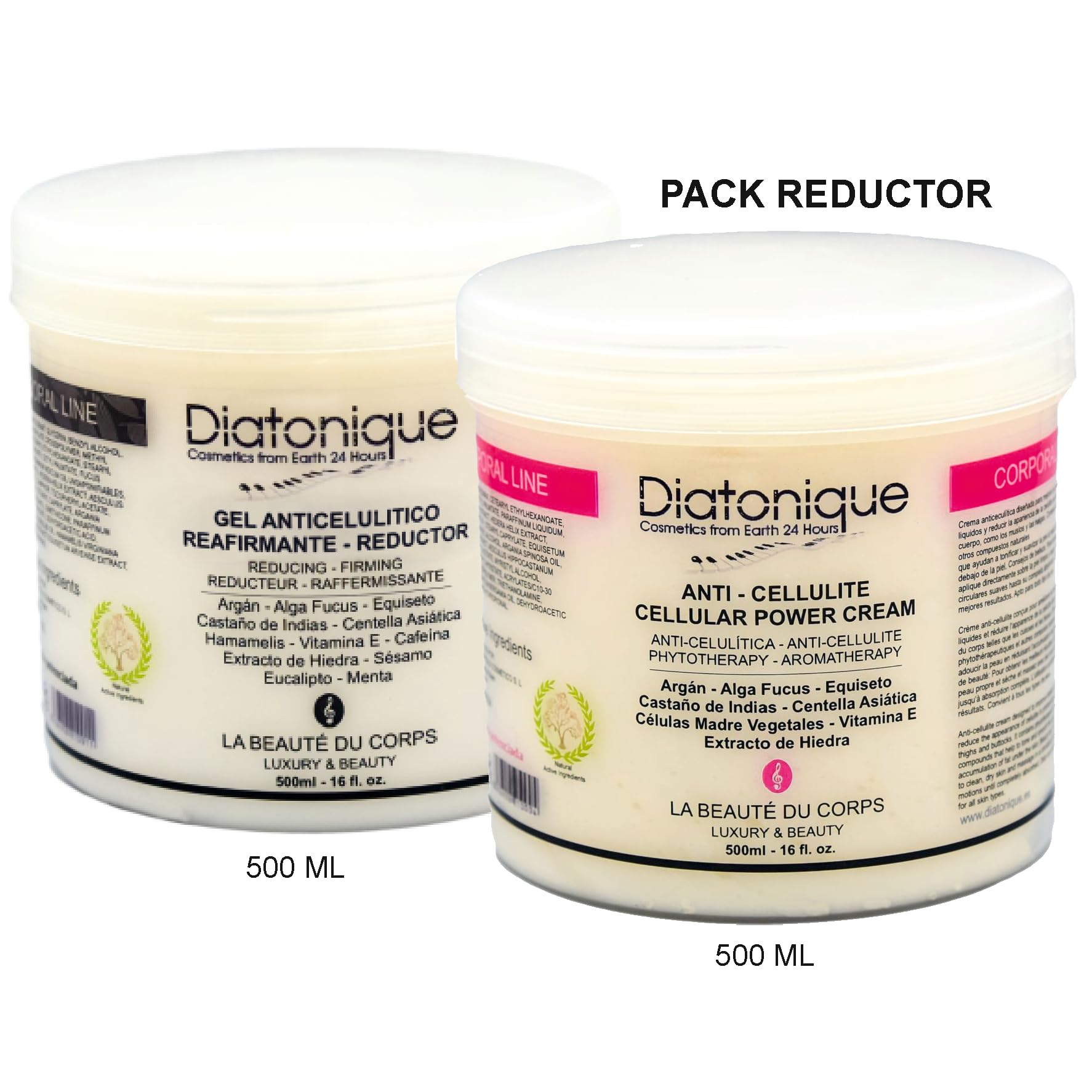 Pack Duo Anticelulítico Reductor Más Plus de Diatonique, Crema Anticelulítica 500ml, Gel Lipo Reductor 500ml