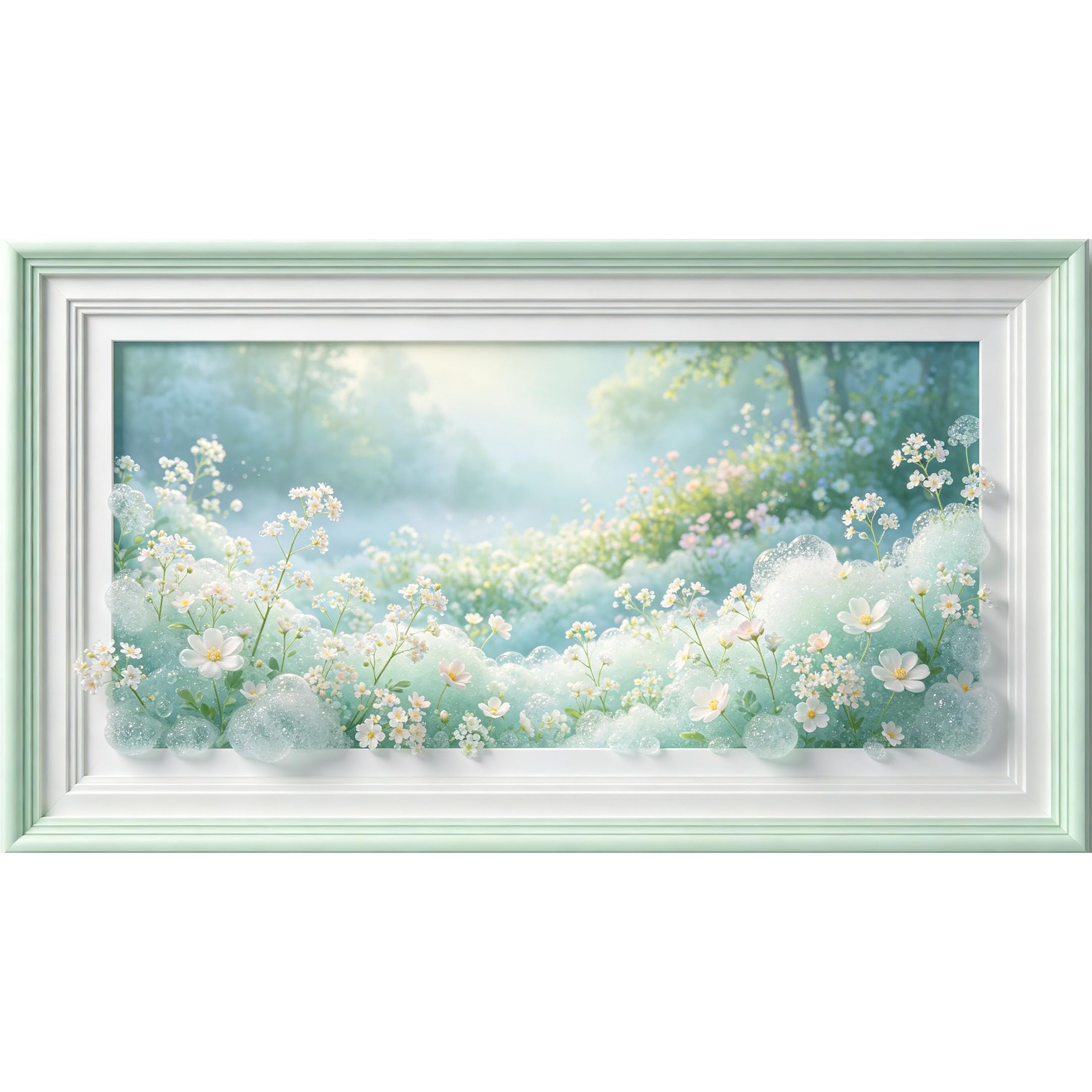QZLITHOTIC 50×90cm3D Framed Wall Art， Botanical Spring Meadow Bubble Flowery Landscape SelfAdhesive Mural， WaterActivated Peel & Stick Fabric Decor Wall Decal for Bedroom Living Room