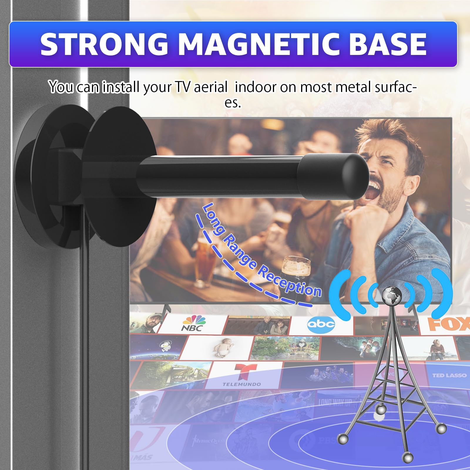 Indoor TV Aerial with Magnetic Base and Signal Amplifier Digital TV Aerial Indoor for Smart TV Compatible with All Televisions Supports 4K 1080P Compact 7.6 x 19.7cm Design 5m Coaxial Cable — view 3