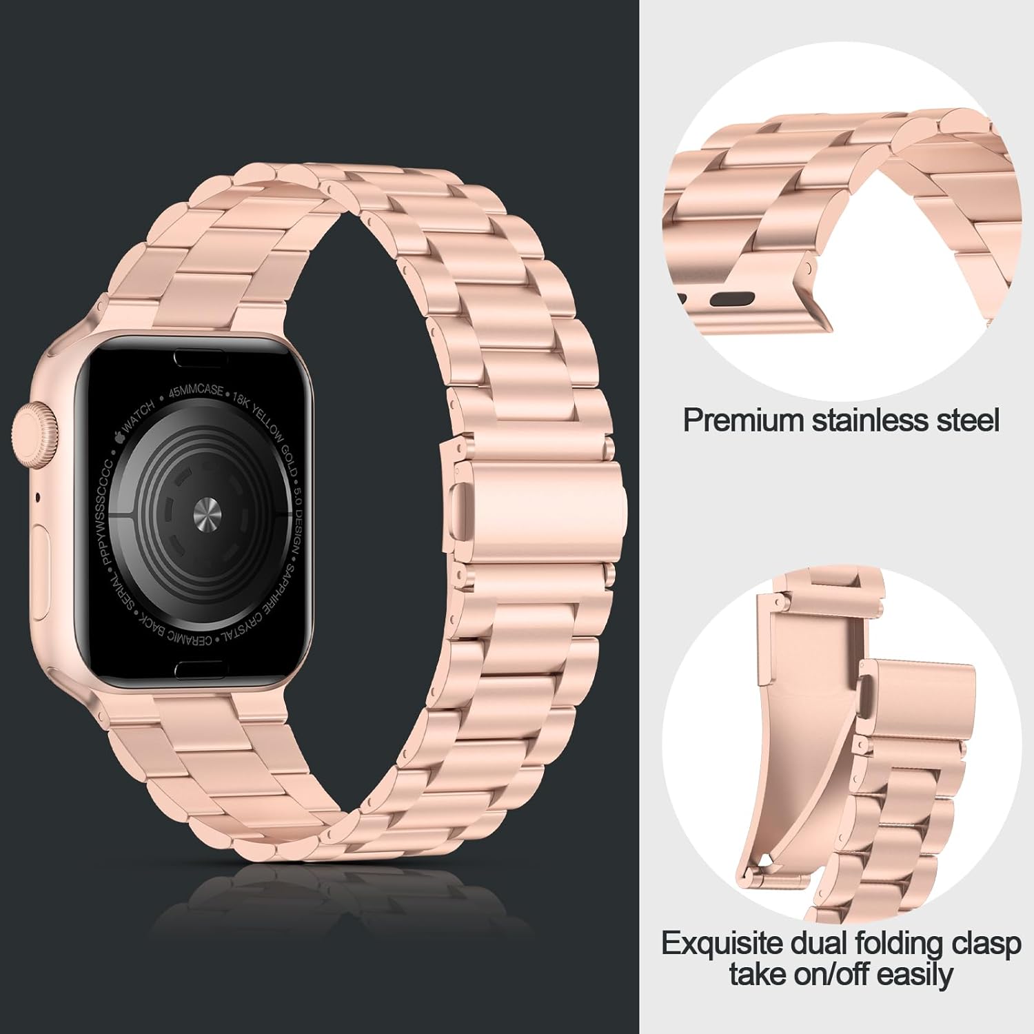 iiteeology Lightweight Stainless Steel Band Designed for Apple Watch Series 1-11, 42mm, 41mm, 40mm, 38mm, SE2&SE3, Replacement iWatch Bands for Women, Rose Gold - Image 2