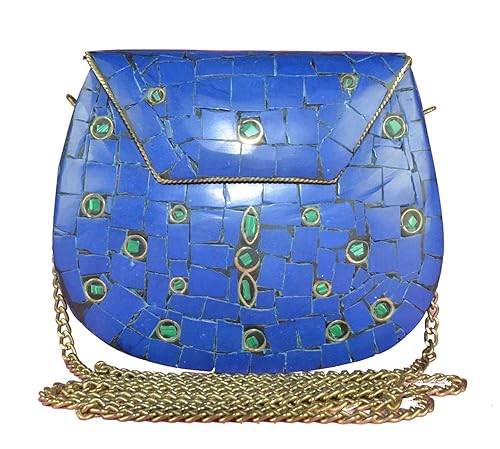 Eshopitude Gift Item Chipped Stone Metal Clutch Blue Onyx Gemstone With Shoulder Chain Brass Womens & Girls Handbag/Clutch/Purse Pouch
