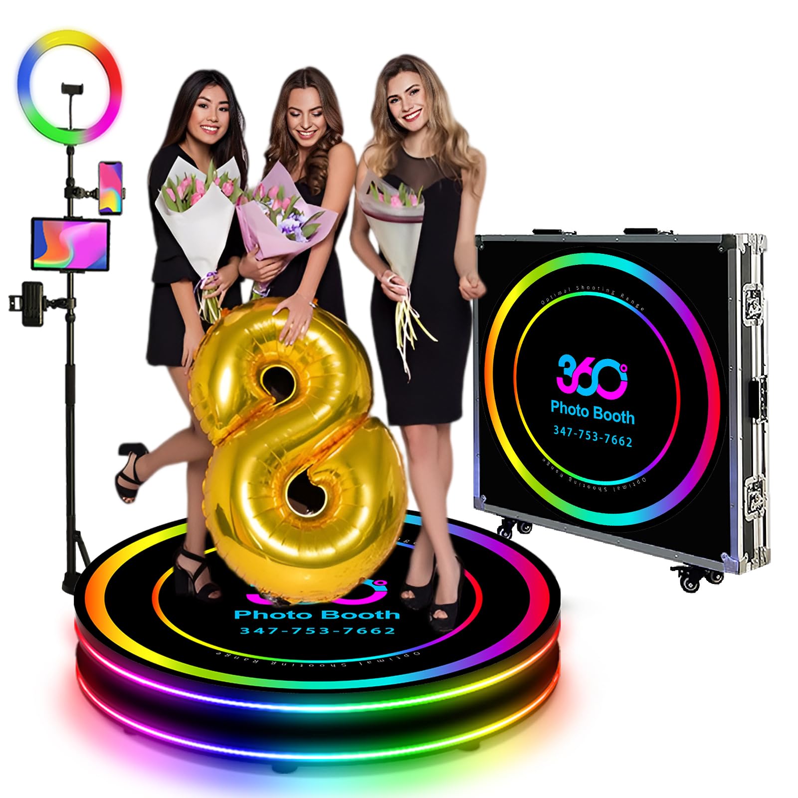 Máquina de Fotomatón 360, con Control de Aplicación Y Control Remoto, Estudio de Iluminación Circular RGB, Logotipo Personalizado Gratuito, 360 Video Camera Booth, con Caja de Vuelo (100 Cm)