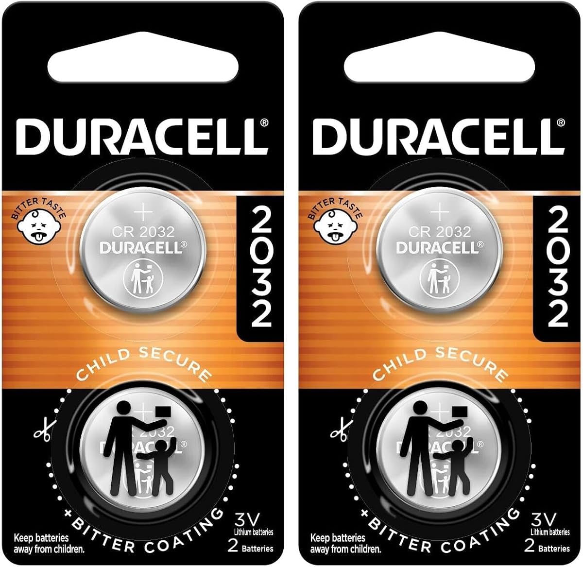 DURACELL CR2032 Batería de litio de 3 V, características de seguridad infantil, paquete de 2 unidades, batería de litio para llavero, control remoto de coche, monitor de glucosa, celda de litio CR de 3 voltios (paquete de 2)