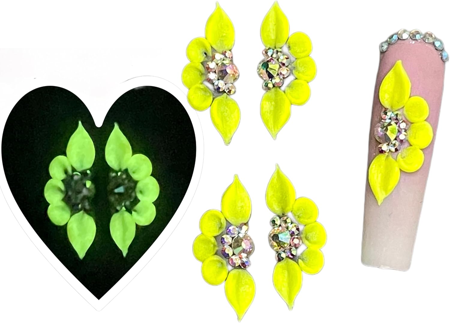 Set 8Pcs 3D Flowers Nails Charms With Rhinestone Gems Handmade by Acrylic Powder Design For Long Nail L,XL,XXL Flower Nail Art Floral Salon Decor Women Girls (Set 24Pcs Mixcolor)