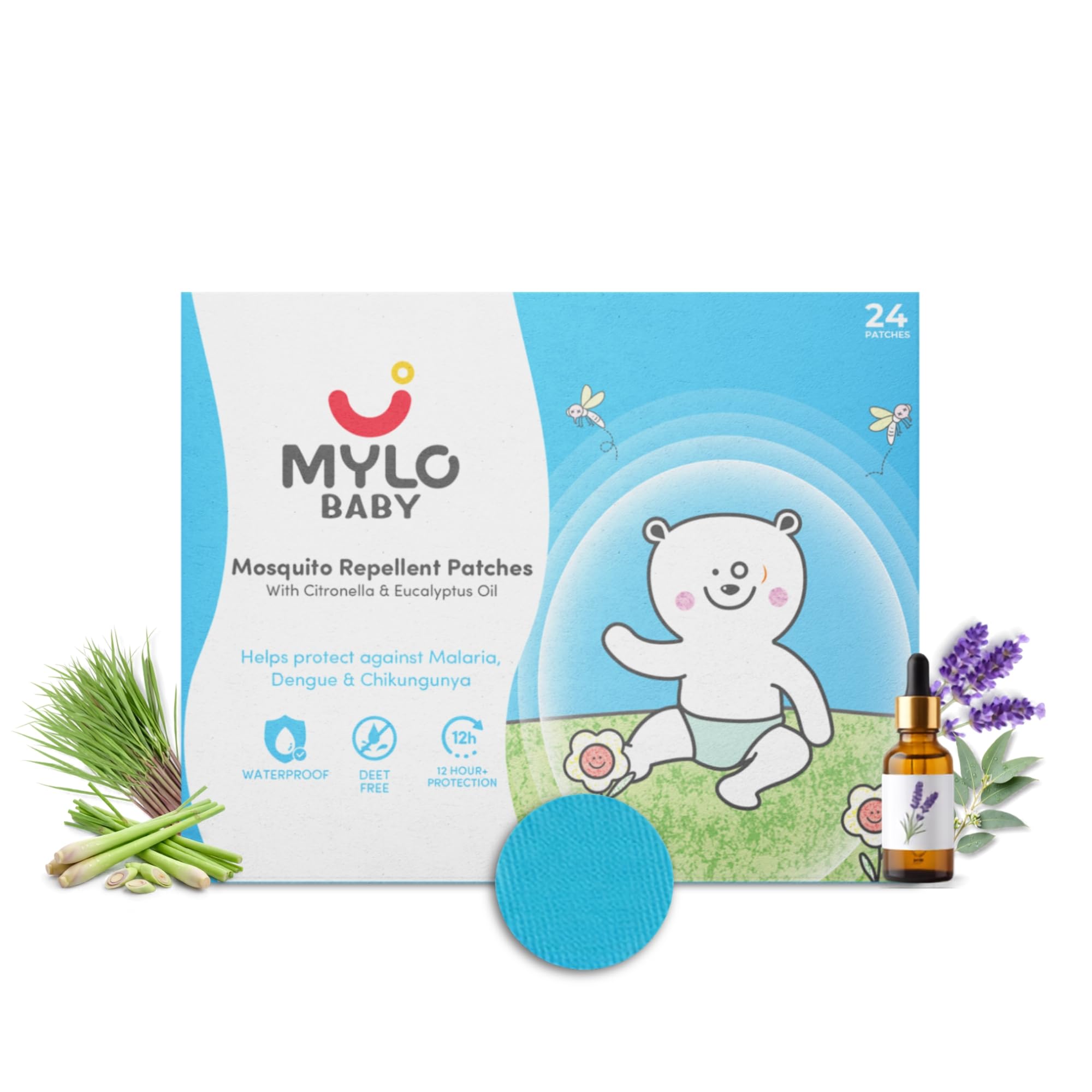 Mylo 100% Natural Mosquito Repellent Patches - Waterproof & Deet Free Mosquito Repellents for Baby with 12 Hour Protection - with Citronella, Lavender, Lemongrass & Eucalyptus Oil - 24 Patches-image-26