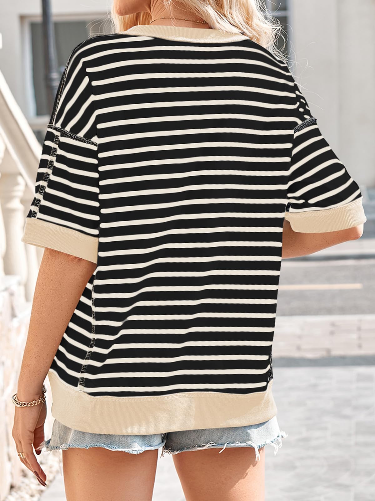 Poetsky damskie topy oversize na co dzień koszule w paski z krótkim rękawem lato okrągły dekolt pulower bluza luźne bluzki