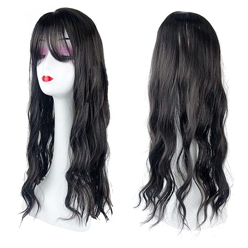 Miniatura 2 de Largo 21.7 in Naturaleza suelta ondulado pelo Topper una pieza clip en la parte media con flequillo romo Snythetic, peluca negro apagado