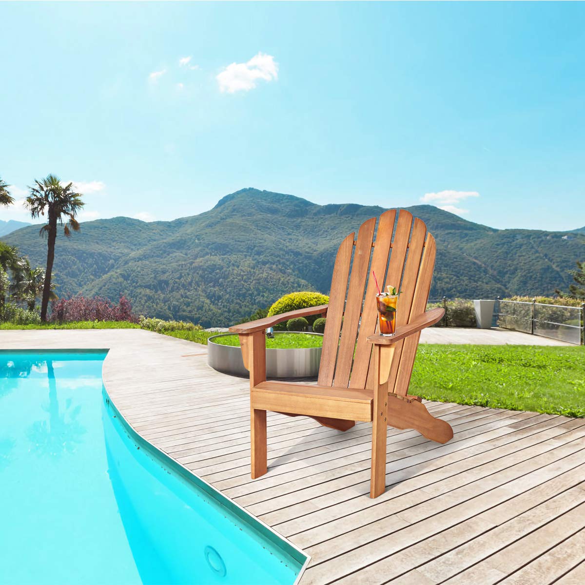 GOPLUS Fauteuil Jardin Exterieur avec Dossier Incurvé, FSC 100%,Fauteuil Adirondack en Bois Massif, Chaise Adirondack, Charge 180 kg, Idéal pour Jardin, Terrasse, Piscine (69x88x103CM,Naturel,1)