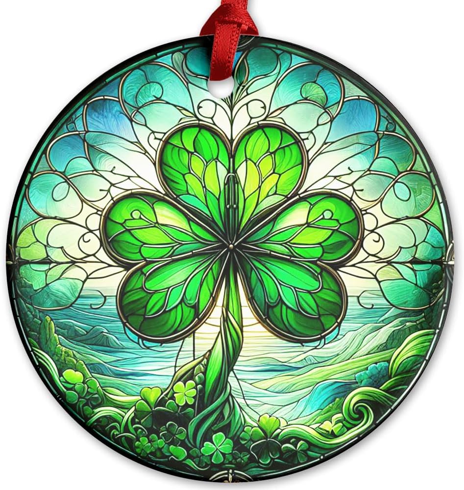 Irish Celtic Shamrock Ceramic Ornament for St Patrick's Day, Lucky Shamrock Hanging Ornament with Irish Pride Blessing for Family Friends