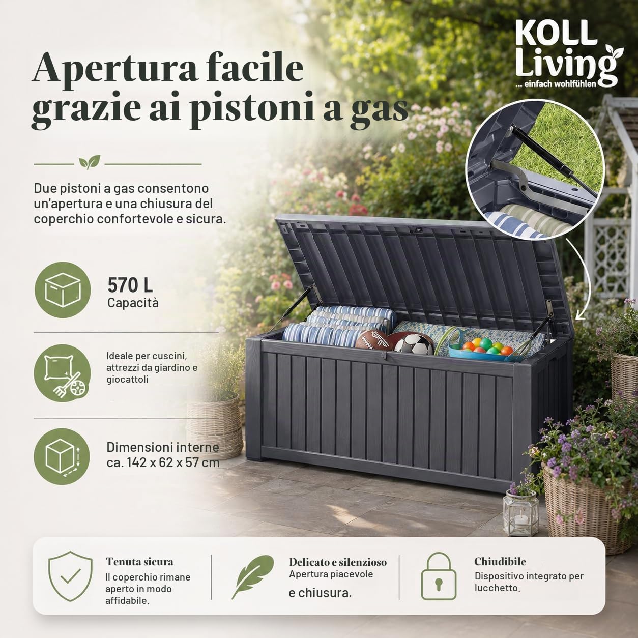Cassapanca/cuscino Box koll Living 570 litri L 100% impermeabile L uebler con ventilazione non odore/muffa L moderno effetto legno L Deckel portata fino a 250 kg (2 persone)