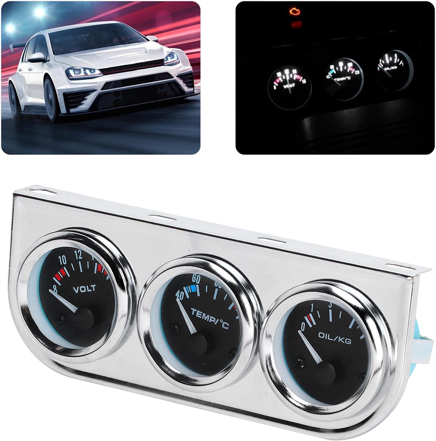 3 in 1 Car Meter Auto Gauge,M10x1 52mm 3 in 1 Car Gauge Water Temperature £« Oil Pressure £« Voltage Combination Instrument for Auto Modification