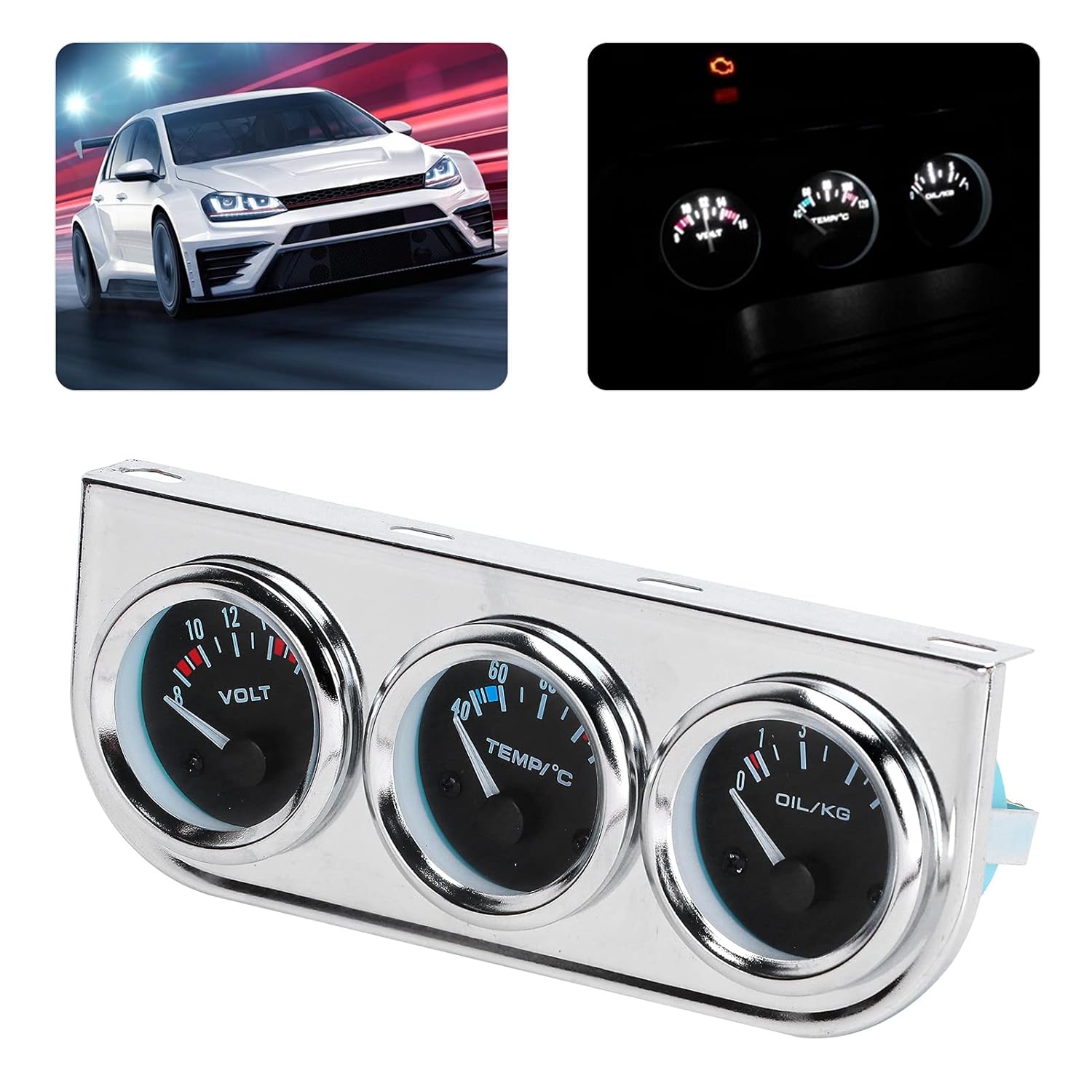 M10x1 52mm 3 in 1 Car Gauge Water Temperature ＋ Oil Pressure ＋ Voltage Combination Instrument Auto General Instrument for Auto Modification