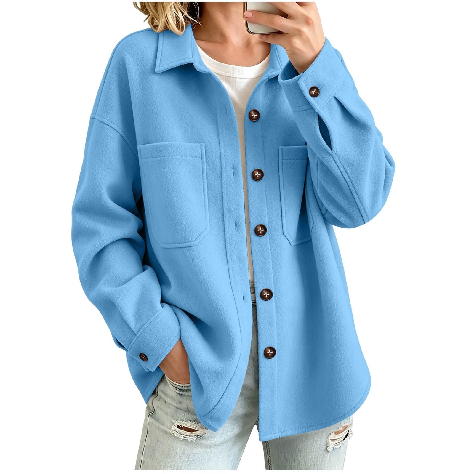 FUPODD Damen Jacke Winter Tweed Hemdjacke Button-Down Wolljacke Oversized