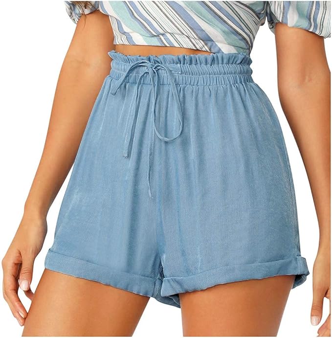 QRTU Women's Summer Shorts Casual Faux Denim Straps Ruffle Trim