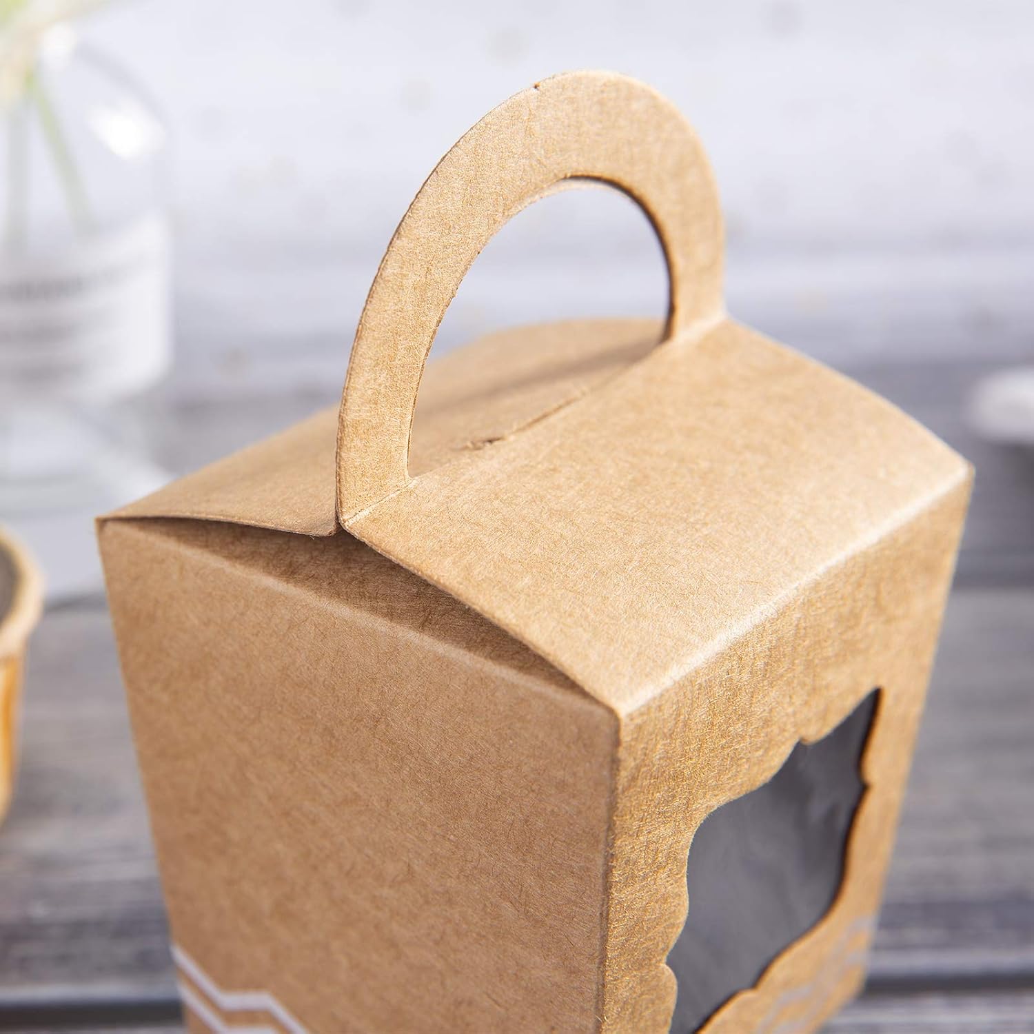 [24pcs] ONE MORE Single Small Mini Cupcake Boxes Individual Containers With Handle and PVC Window,Disposable Kraft Paper Cupcake Holders (Brown,24)