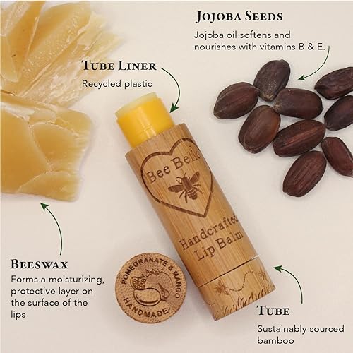 Miniatura 4 de Bee Bella Bálsamo labial, mango de granada, paquete de 3  Cuidado de labios hidratante, 100% natural, cera de abeja orgánica original con vitamina