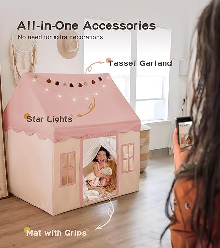 Miniatura 6 de Tienda de campaña grande para niños con paspartú, luces de estrellas, guirnalda de tejidos, tienda de campaña para interiores y exteriores, tienda