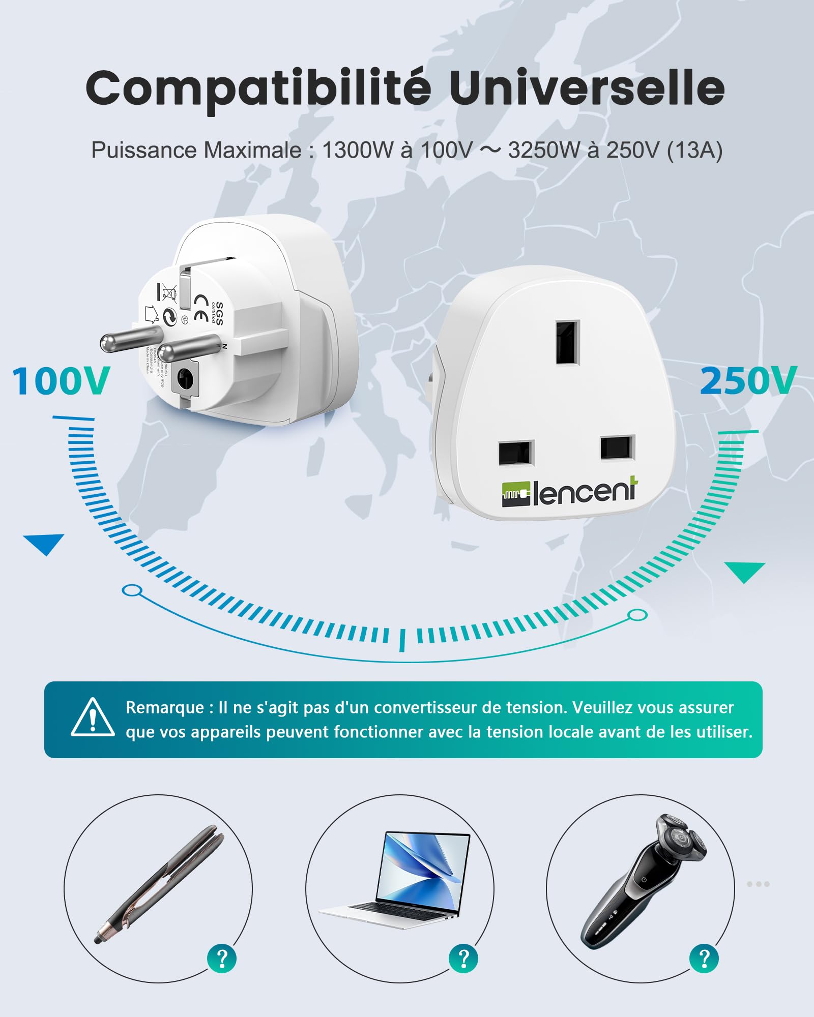 LENCENT Adaptateur Prise UK vers France/Europe, Prise Type G vers Type E, Adaptateur pour appareils électriques Britanniques vers la France, Prise Anglaise vers française 2 Pièces