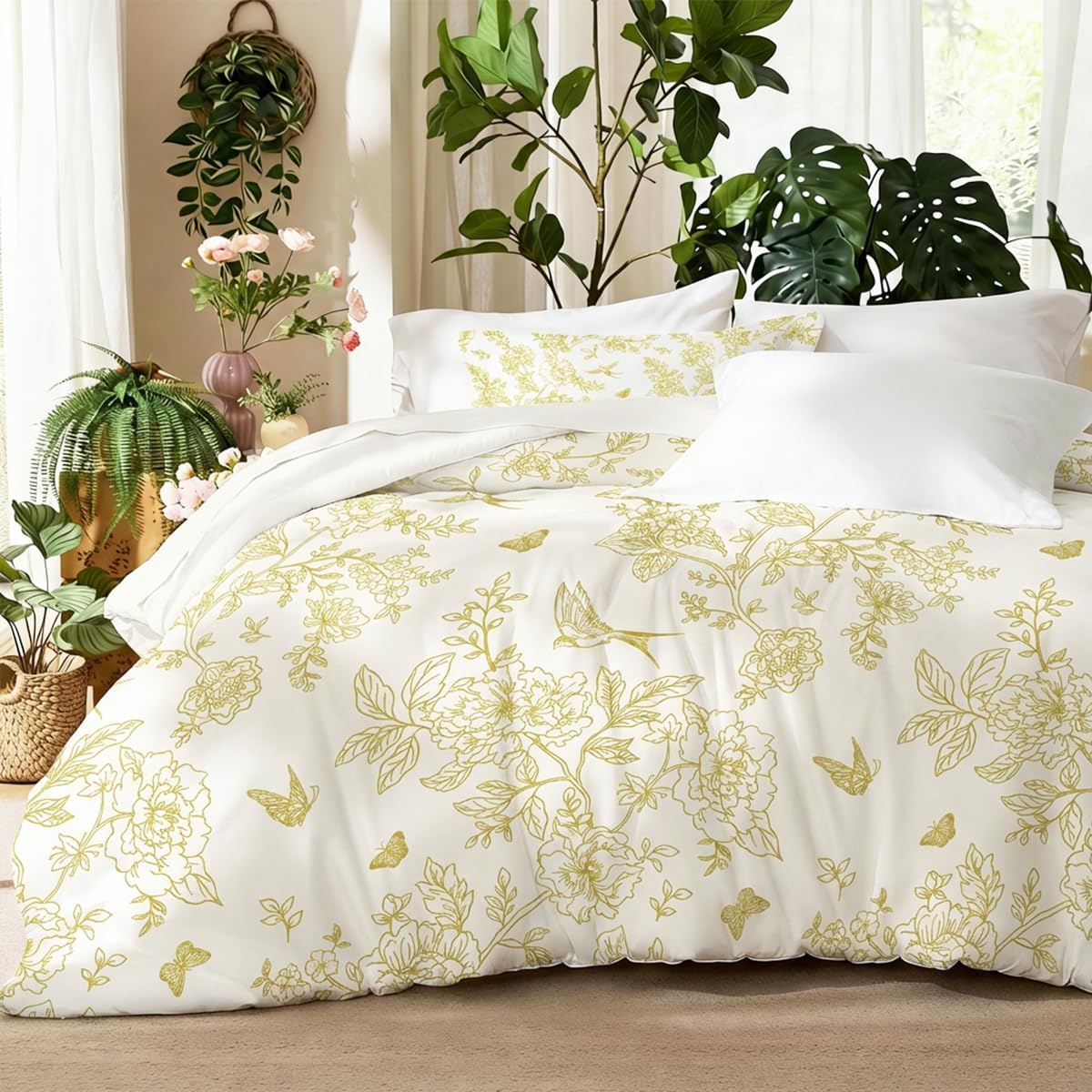 Floral Duvet Cover Queen Beige Gold 3 Pieces Elegant Botanical Flower Printed Bedding Set, Modern Aesthetic Duvet Cover Set for All Season, 2 Pillowcases