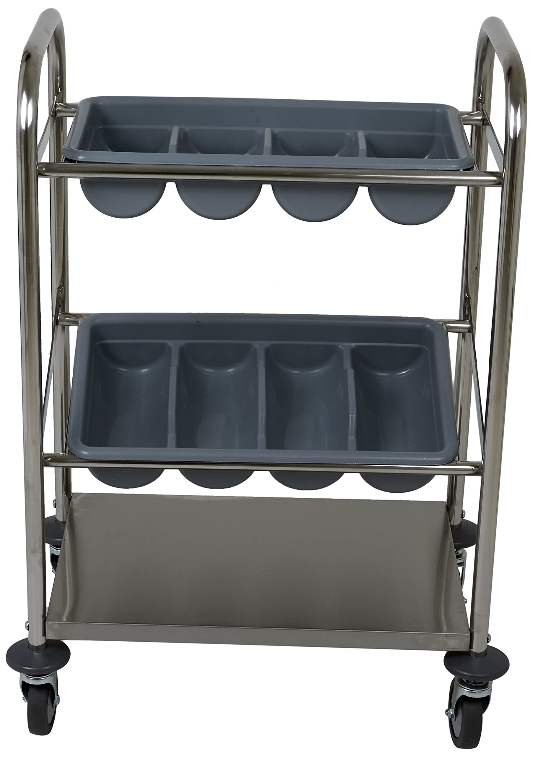 SARO INES - Carrello portaposate in acciaio inox, con 2 portaposate, ripiano inferiore, per piatti, tazze, bicchieri, 4 ruote, di cui 2 con freno