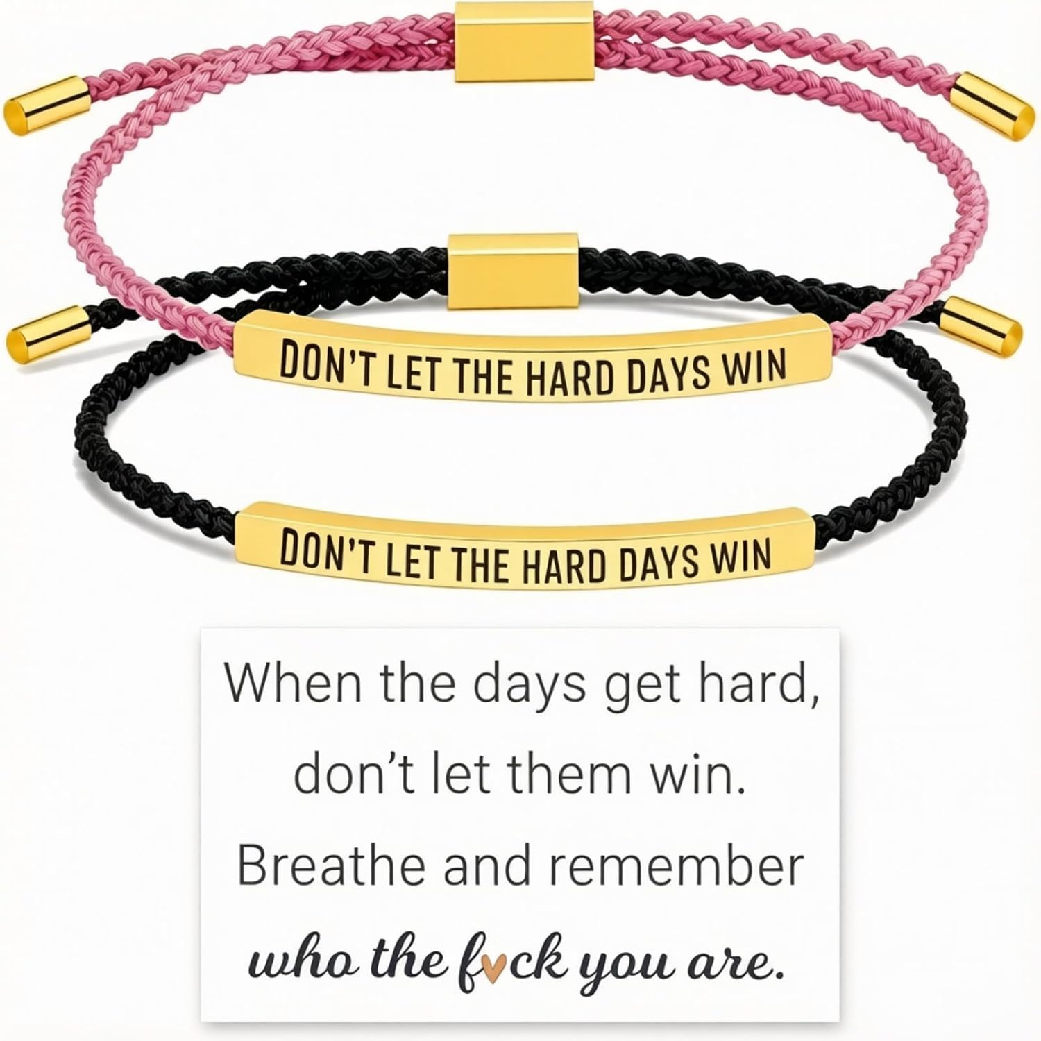 2 PCS Don't let difficult days win the bracelet, adjustable motivational wrap style women's bracelet, boldly let difficult days win women's bracelet, suitable for birthdays, friends, graduation ceremonies, Christmas or daily wear (black and pink)