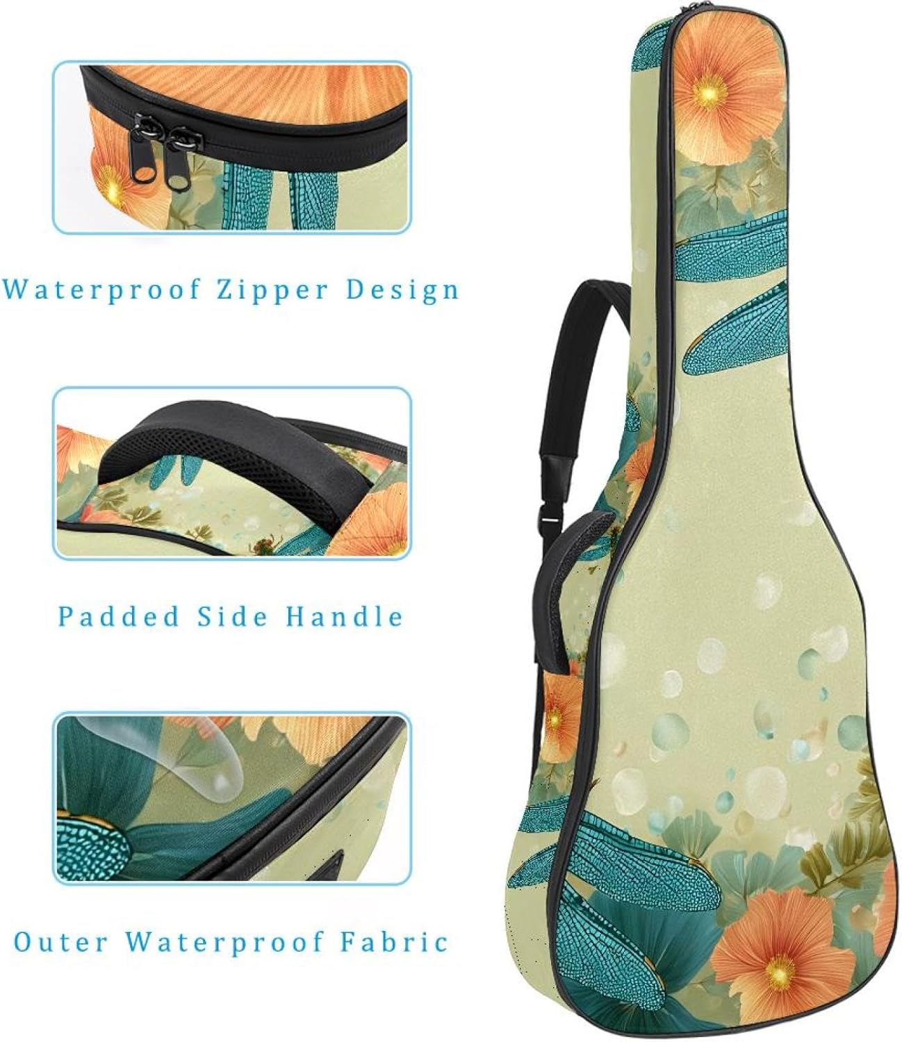 40 41 42 Inch Acoustic Guitar Bag, 0.4 In Thick Sponge Padded Guitar Case Gig Bag with Back Hanger Loop and 2 Pockets, Dragonfly and Flowers Background