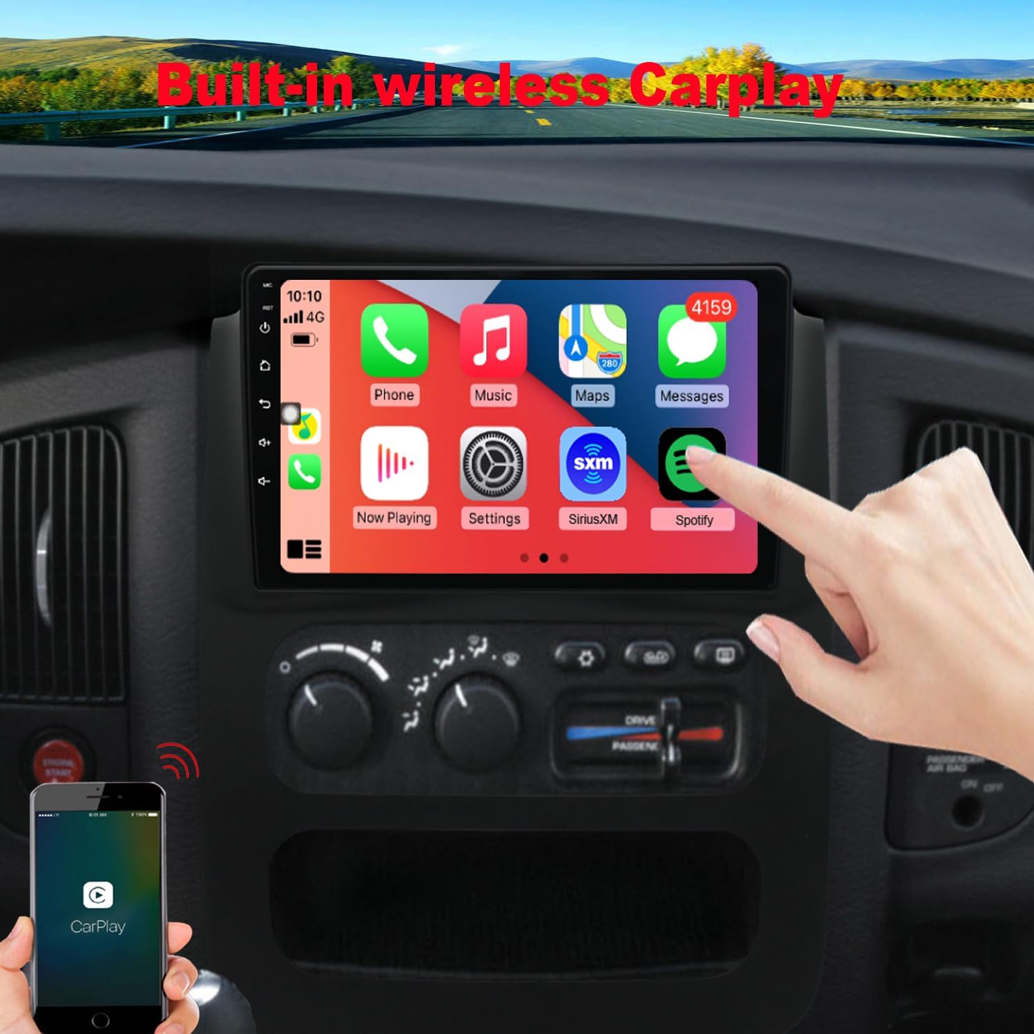 A hand interacting with the QLED touch screen stereo displaying a CarPlay interface, with a smartphone showing the CarPlay logo in the foreground, demonstrating wireless CarPlay functionality.