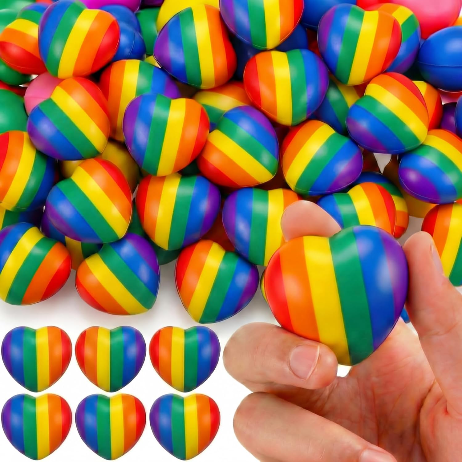 Libima 50 Pcs 1.57 Inch Rainbow Heart Stress Balls Bulk Colorful Pride Squeeze for Stress Relief Hand Exercise Vibrant LGBT Favors Desk Decor Gifts for Adult Improving Strength Release