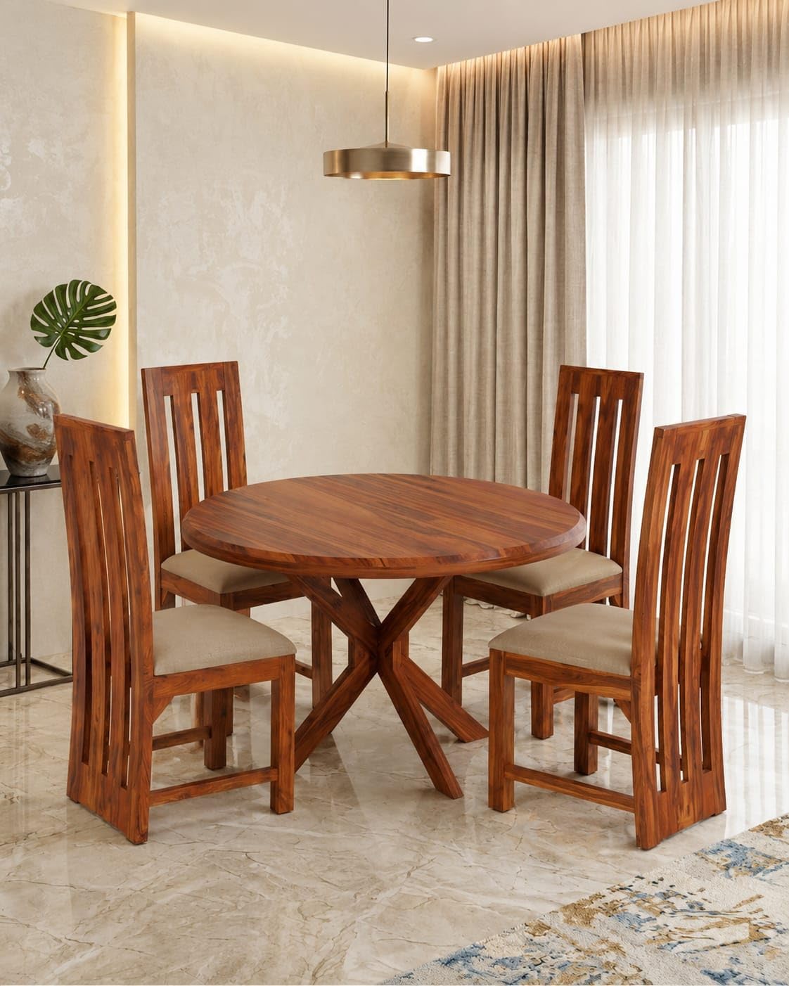 Dining Table Set of 4 | Solid Wood Round Dining Table 4 Seater | Wooden Dining Table Set for Home | | Dinner Table Furniture Set (Honey Finish)-image-48