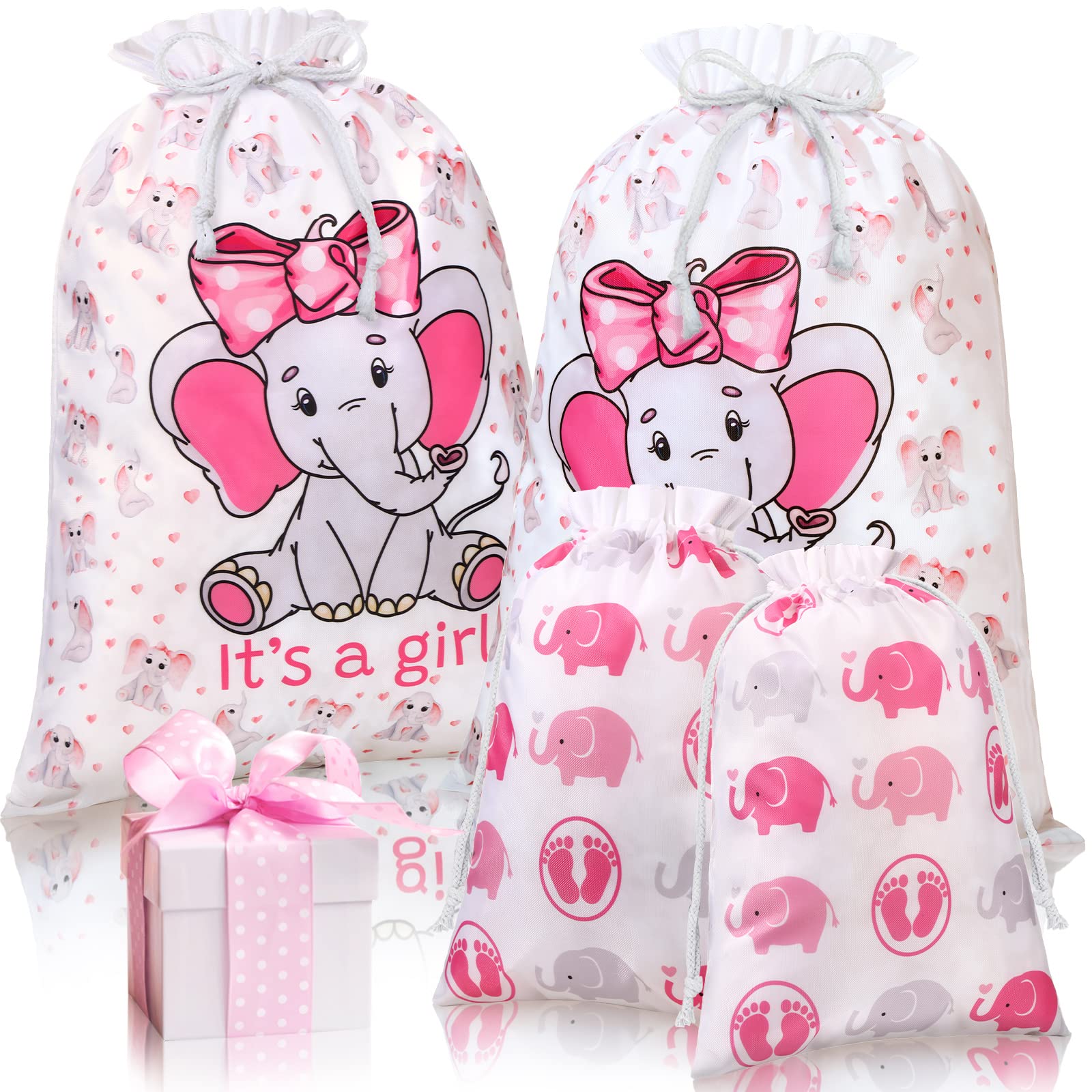 Sadnyy 4 Pcs Baby Girl Shower Gift Bags Large Pink Elephants Drawstring Fabric Treat Wrap Bags for Baby Shower Child's Birthday Gender Reveal Party