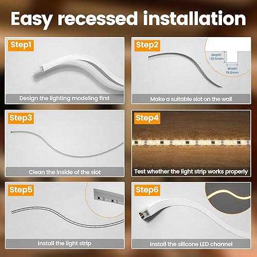 Miniatura 5 de Muzata Sistema de canal LED de silicona impecable de 16.5 pies/16.4 ft, tubo flexible empotrado con cubierta blanca lechosa pista más ancha para