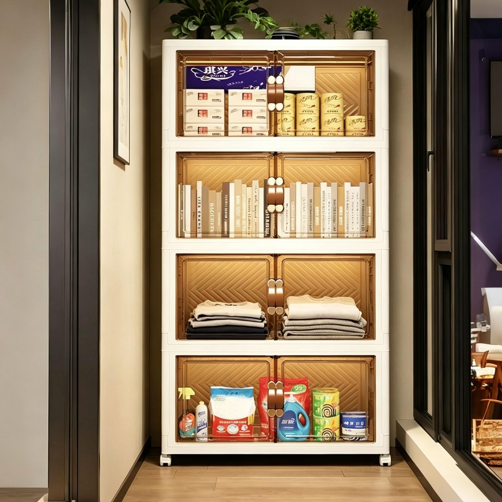 MECOLOR Armoires de rangement en plastique avec roulettes, 5 x 63 L, bacs empilables avec couvercles, boîte pliable avec portes, organiseur pliable pour dortoir