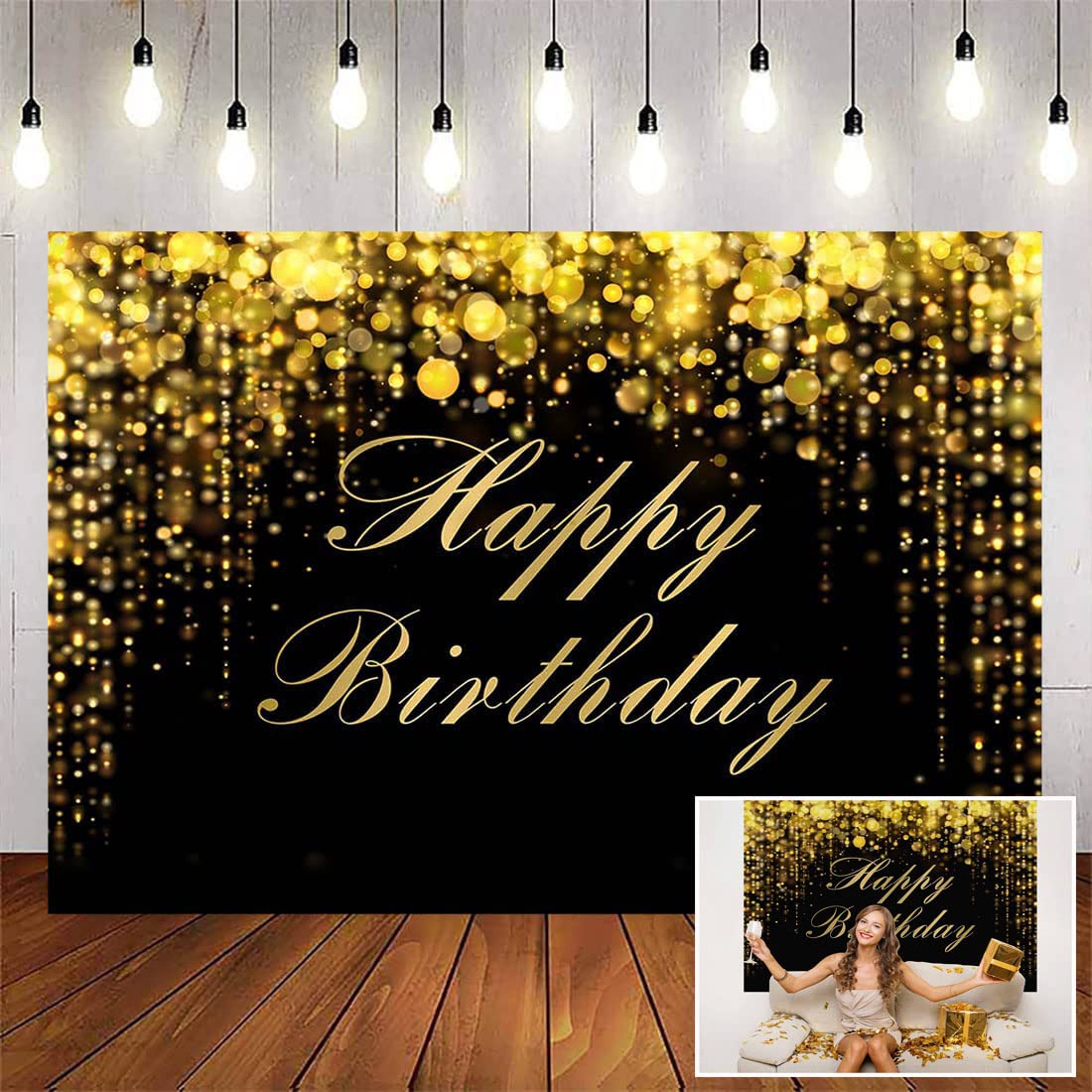 Gold Silver Happy Birthday Banner - Large 71x44 Inch Glitter Backdrop For Party Photo Booth Decor