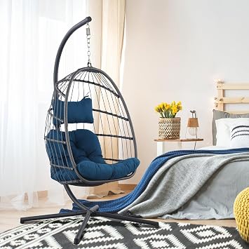 Egg Chair with Stand - Hanging Swing Egg Chair Rattan Wicker Patio Hammock Chair for Indoor Outdoor Bedroom - Rusty Resistant Aluminum Frame and UV Resistant Cushion 350LBS Capacity Teal Blue
