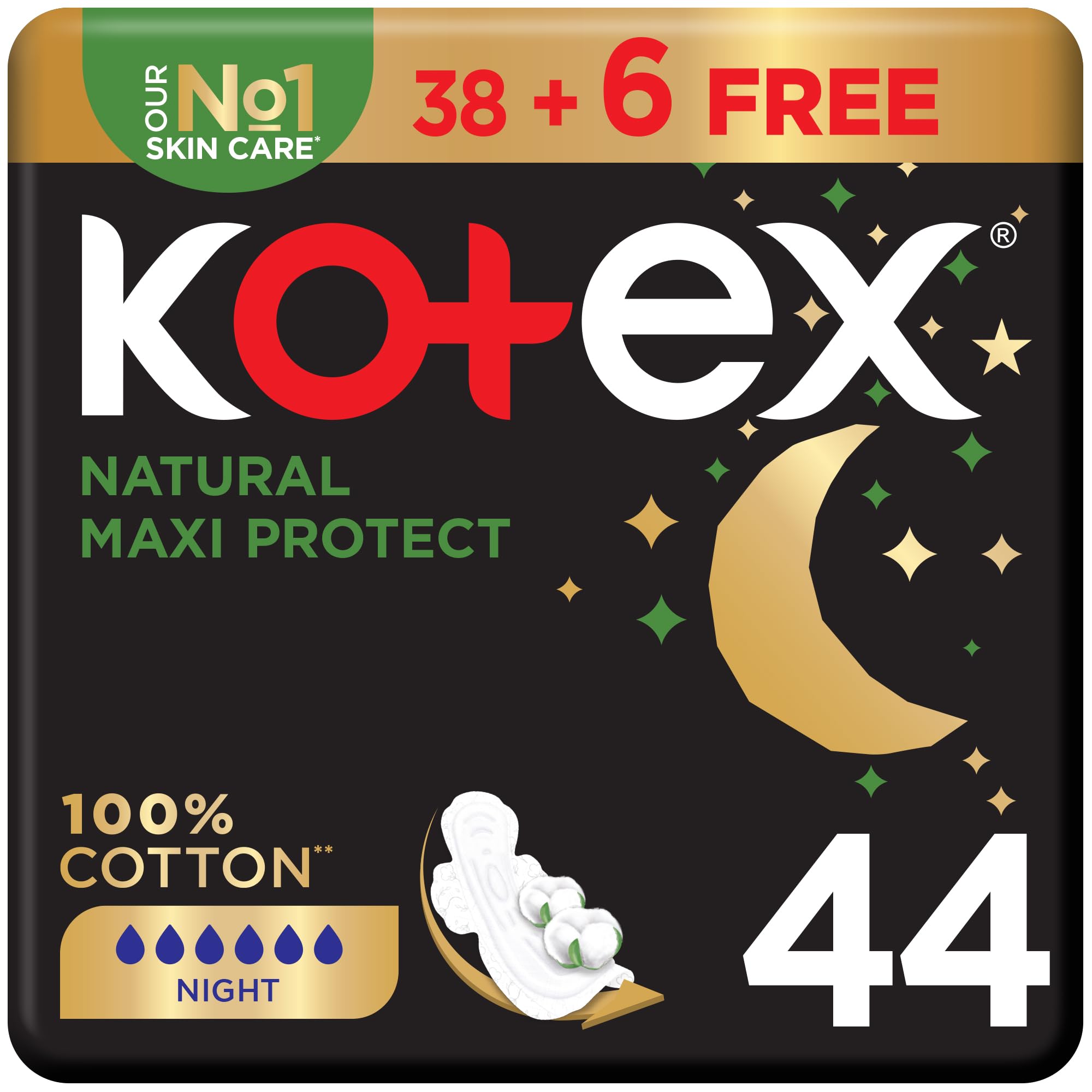 Kotex Natural Maxi Protect Thick Pads, 100% Cotton Pad, Overnight Protection Sanitary Pads with Wings, 44 Sanitary Pads